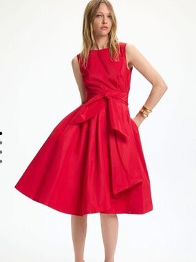 Carolina Herrera Vibrant Red Midi Taffeta Dress with Waist Bow